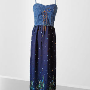 Robe fines bretelles avec bustier en jean et jupe marine.