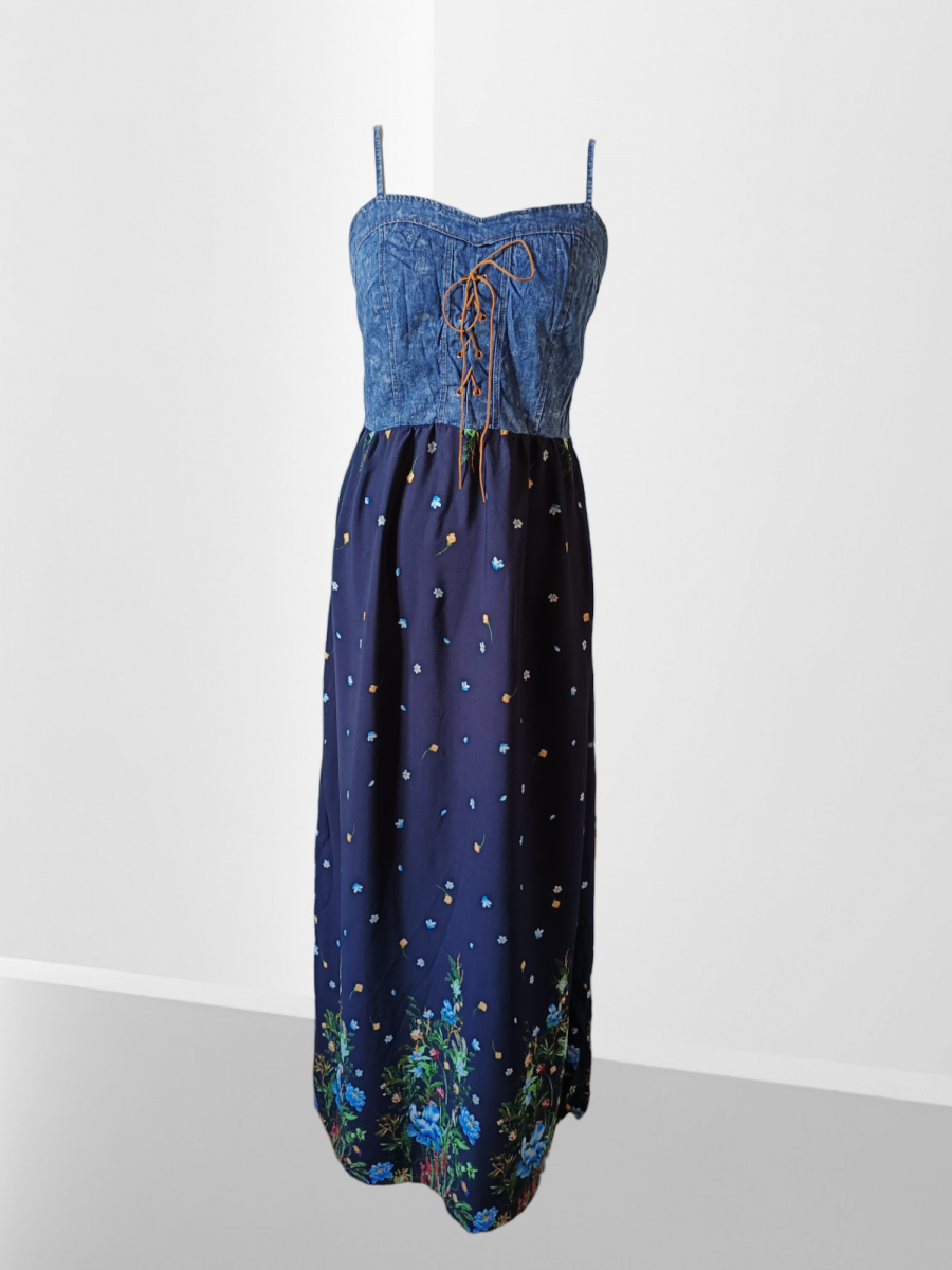 Robe fines bretelles avec bustier en jean et jupe marine. – Image 2