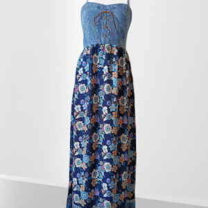 Robe fines bretelles avec bustier en jean et jupe imprimée.