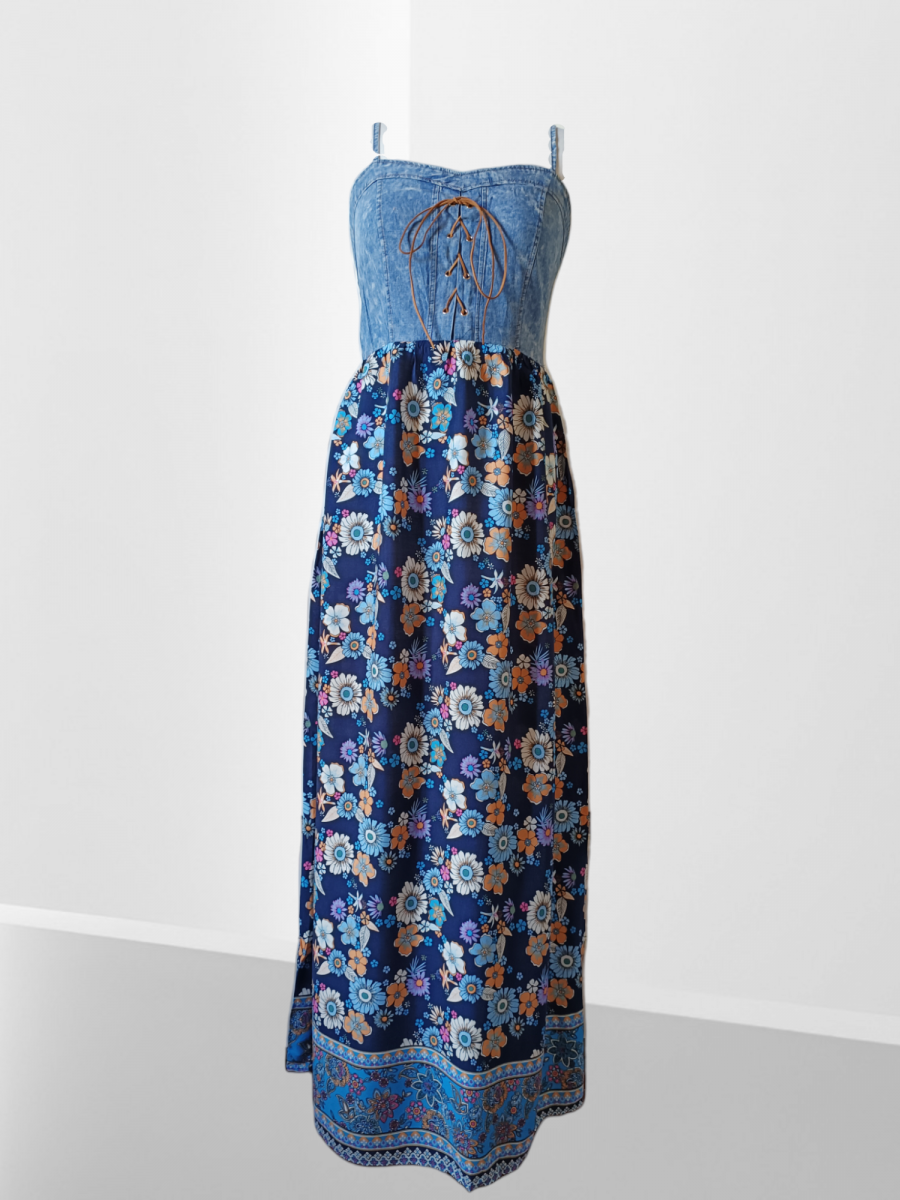 Robe fines bretelles avec bustier en jean et jupe imprimée. – Image 2