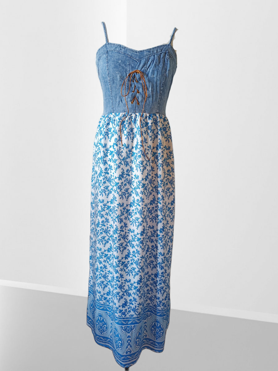 Robe fines bretelles avec bustier en jean et jupe motif bleu. – Image 3