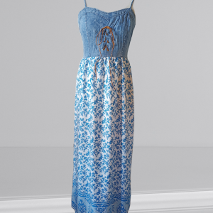 Robe fines bretelles avec bustier en jean et jupe motif bleu.