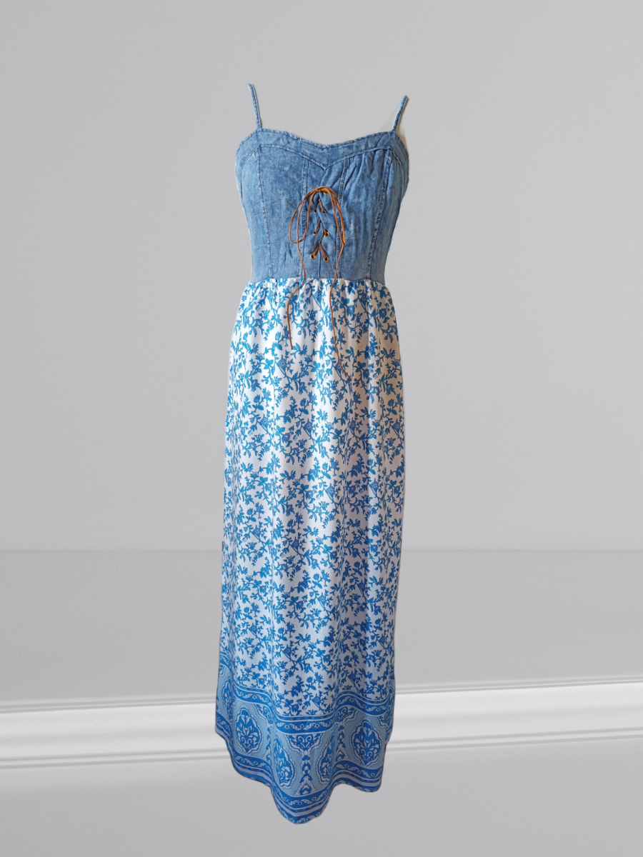 Robe fines bretelles avec bustier en jean et jupe motif bleu. – Image 2