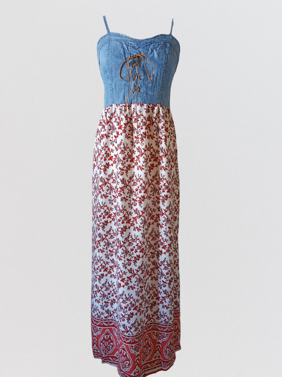 Robe fines bretelles avec bustier en jean et jupe motif rouge. – Image 3