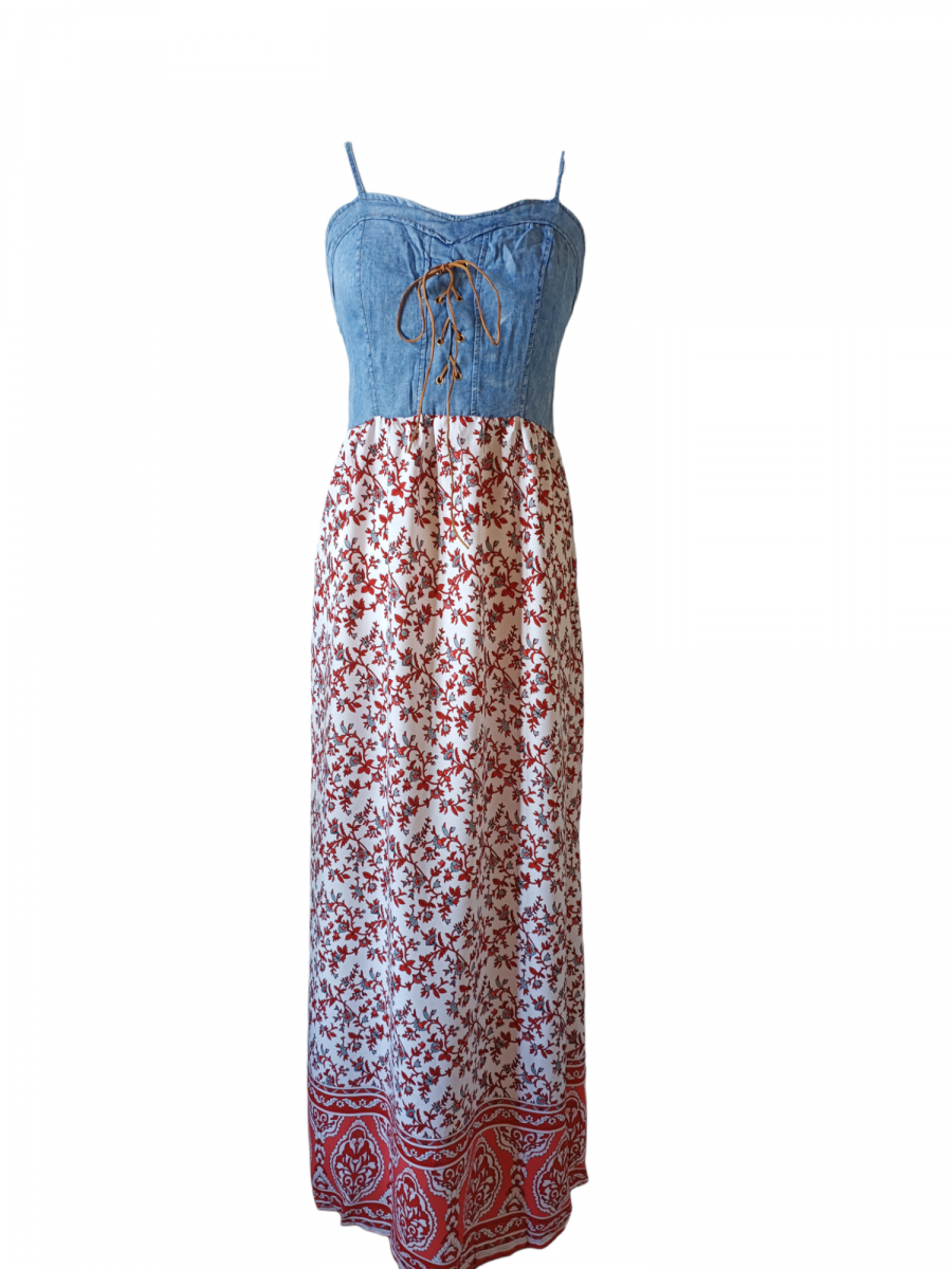 Robe fines bretelles avec bustier en jean et jupe motif rouge. – Image 2